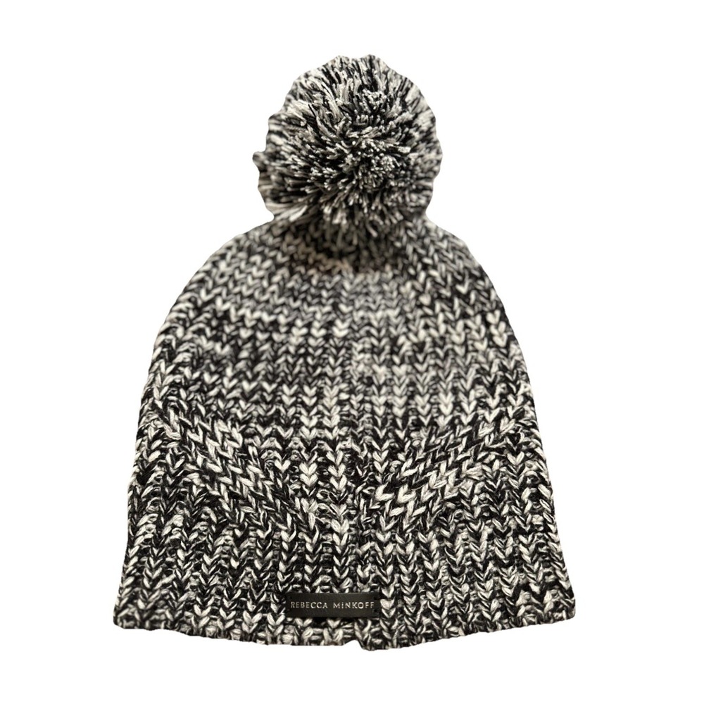 Rebecca Minkoff Beanie Hat Marled Knit With Pom Pom- One Size-‎ Black